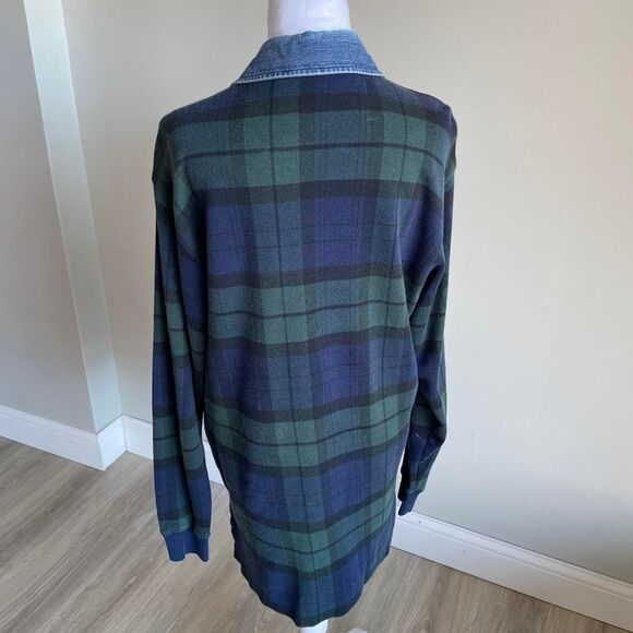 Vintage 90's Men's Medium Green and Navy Polo Shirt Denim Collar Rugby Bro Lad - Picture 3 of 8